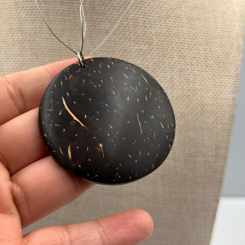 Vintage Large Round Coconut Shell Pendant Necklace Natural Brown Disc Statement